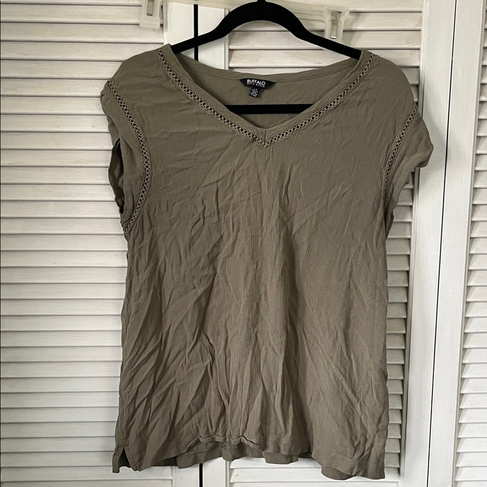Buffalo David Bitton Olive V-Neck Short Sleeve Tee with Crochet Trim